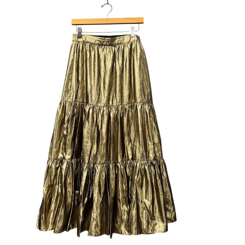 J Crew Skirt Womens Small Tiered Maxi Gold Metallic Lamé Holiday Party Glam